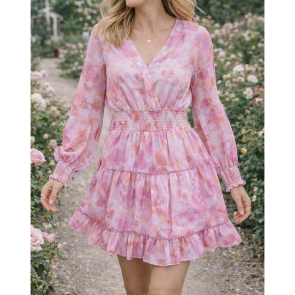 Japna pink and orange watercolor print smocked waist tiered mini dress